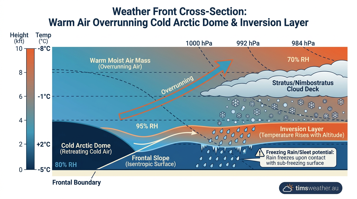 Diagram showing warm air overriding a cold surface air mass, creating an atmospheric inversion layer.