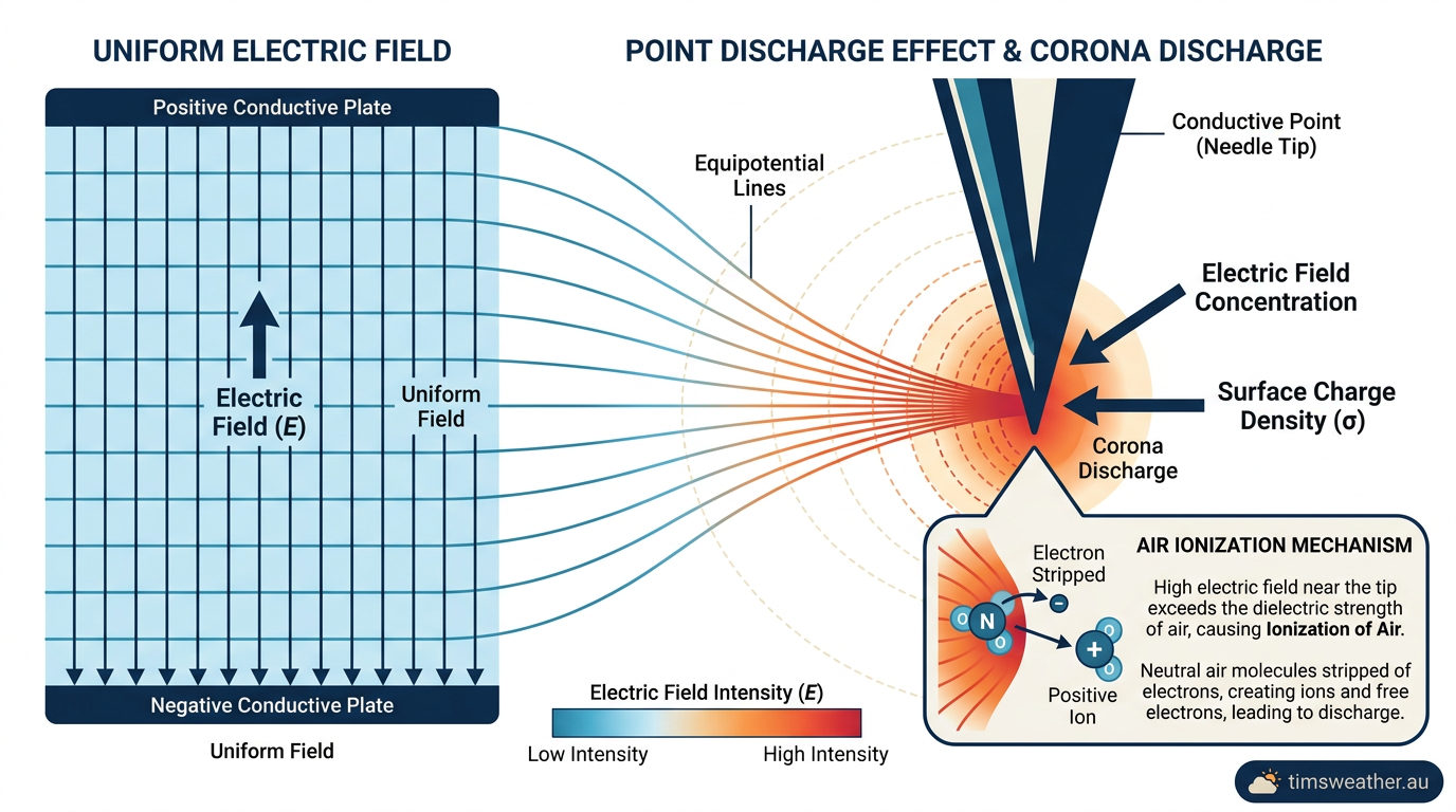 Diagram showing how electric field lines concentrate at the sharp tip of a conductive object.