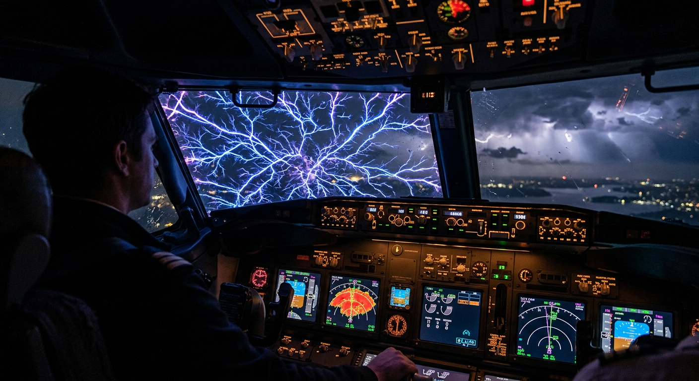 Blue and purple static electricity webbing across an airplane windshield during a night flight.