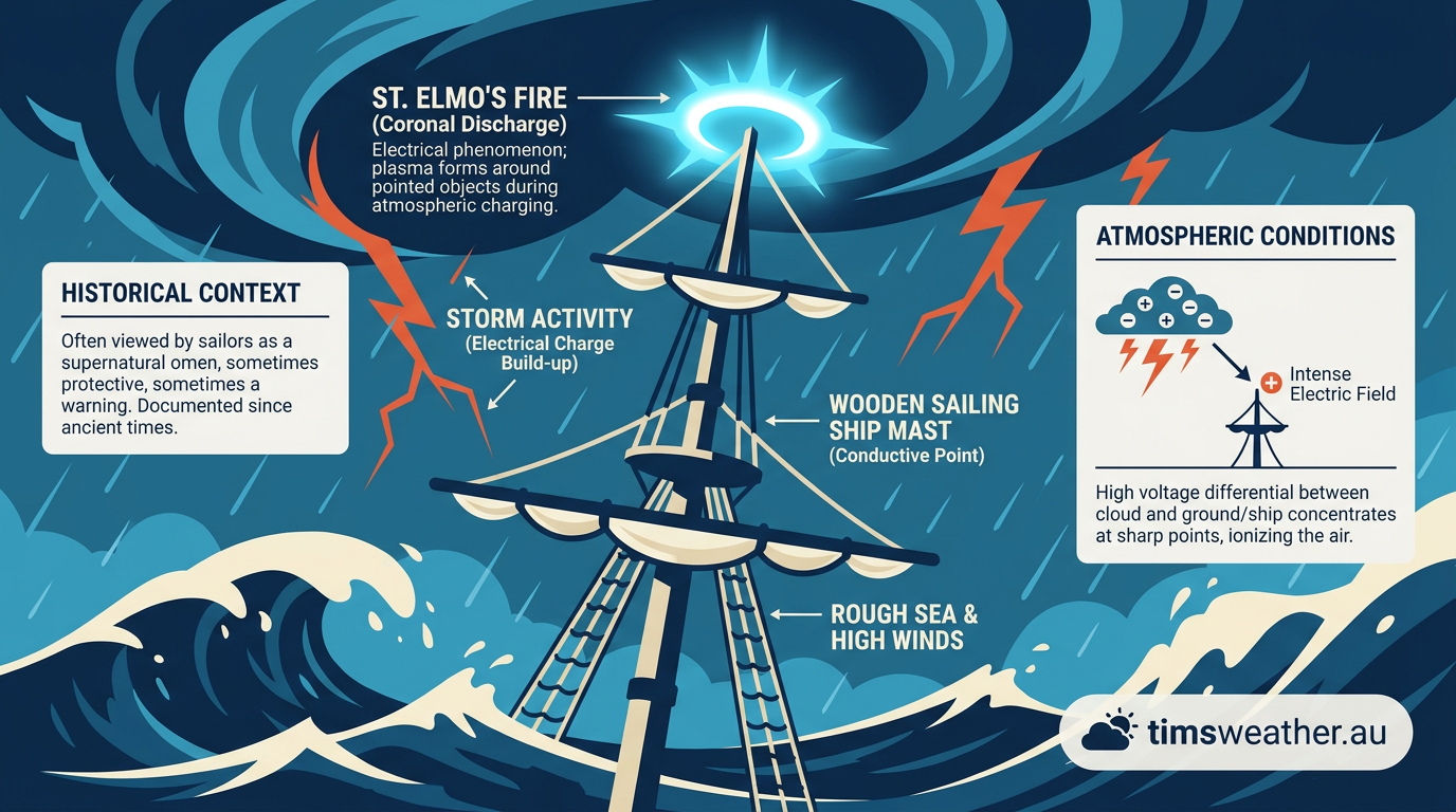 A glowing blue halo of St. Elmo's fire at the top of a tall sailing ship mast at night.