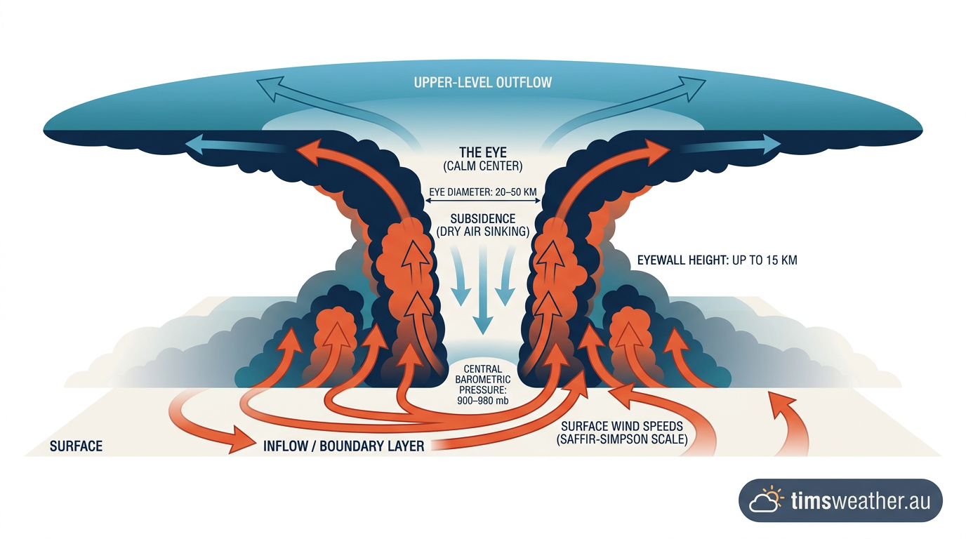 Cross-section diagram illustrating the airflow and subsiding air that creates a clear hurricane eye.