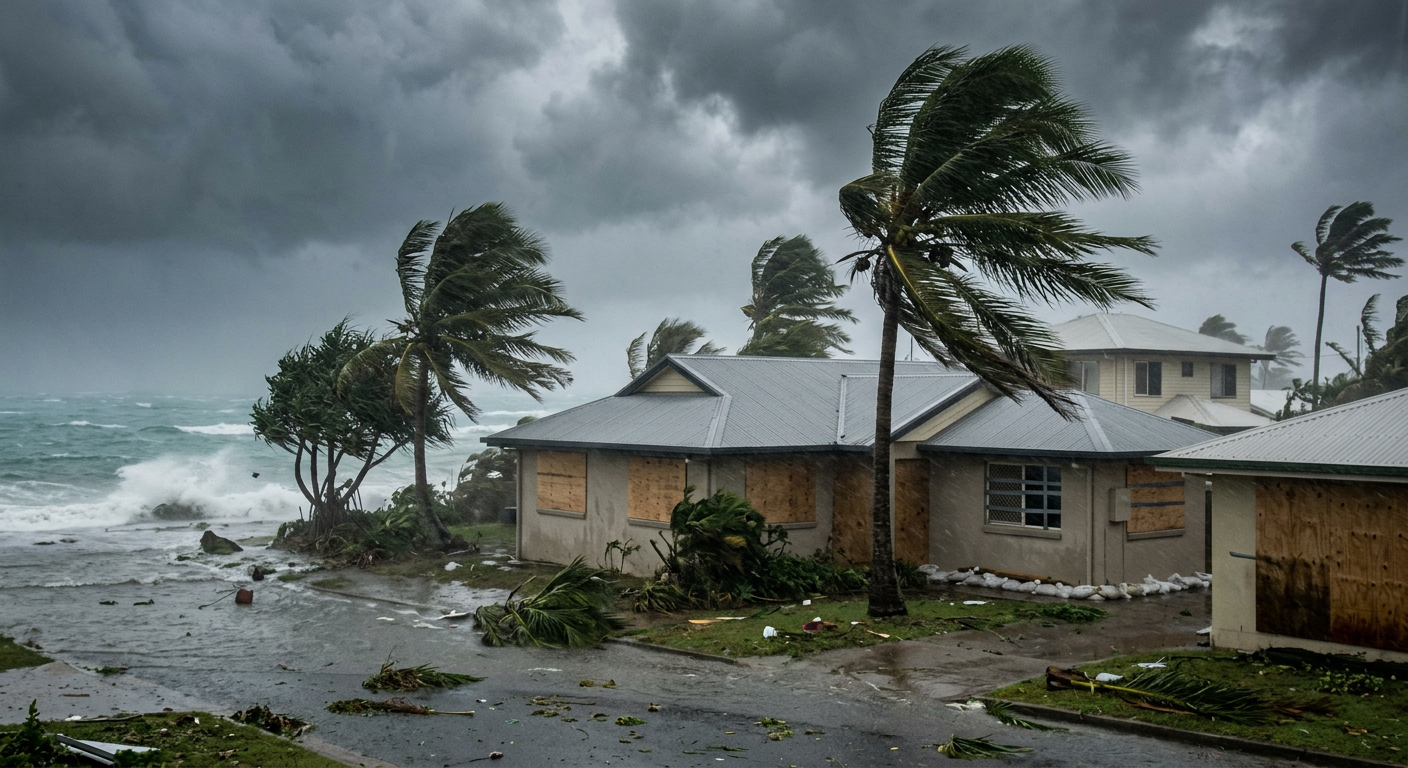 Extreme wind and rain lashing coastal homes during the passage of a hurricane eyewall.
