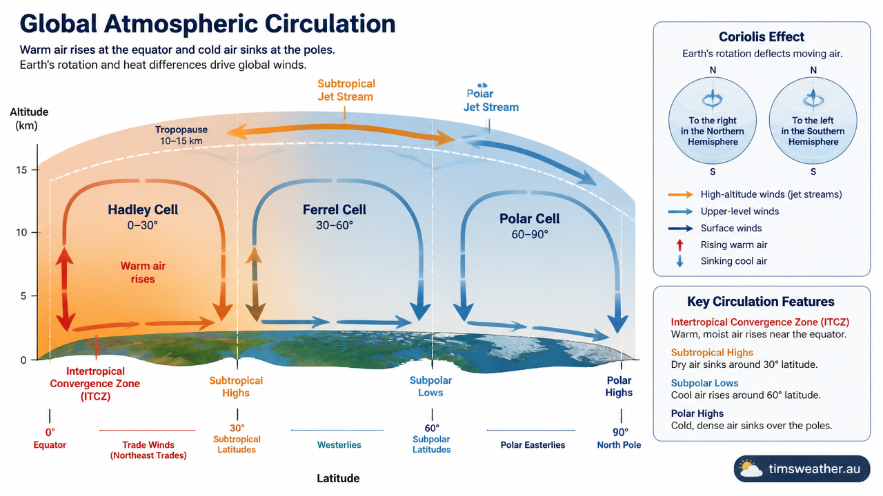 Diagram showing how does the jet stream form through global temperature differences and the Coriolis effect