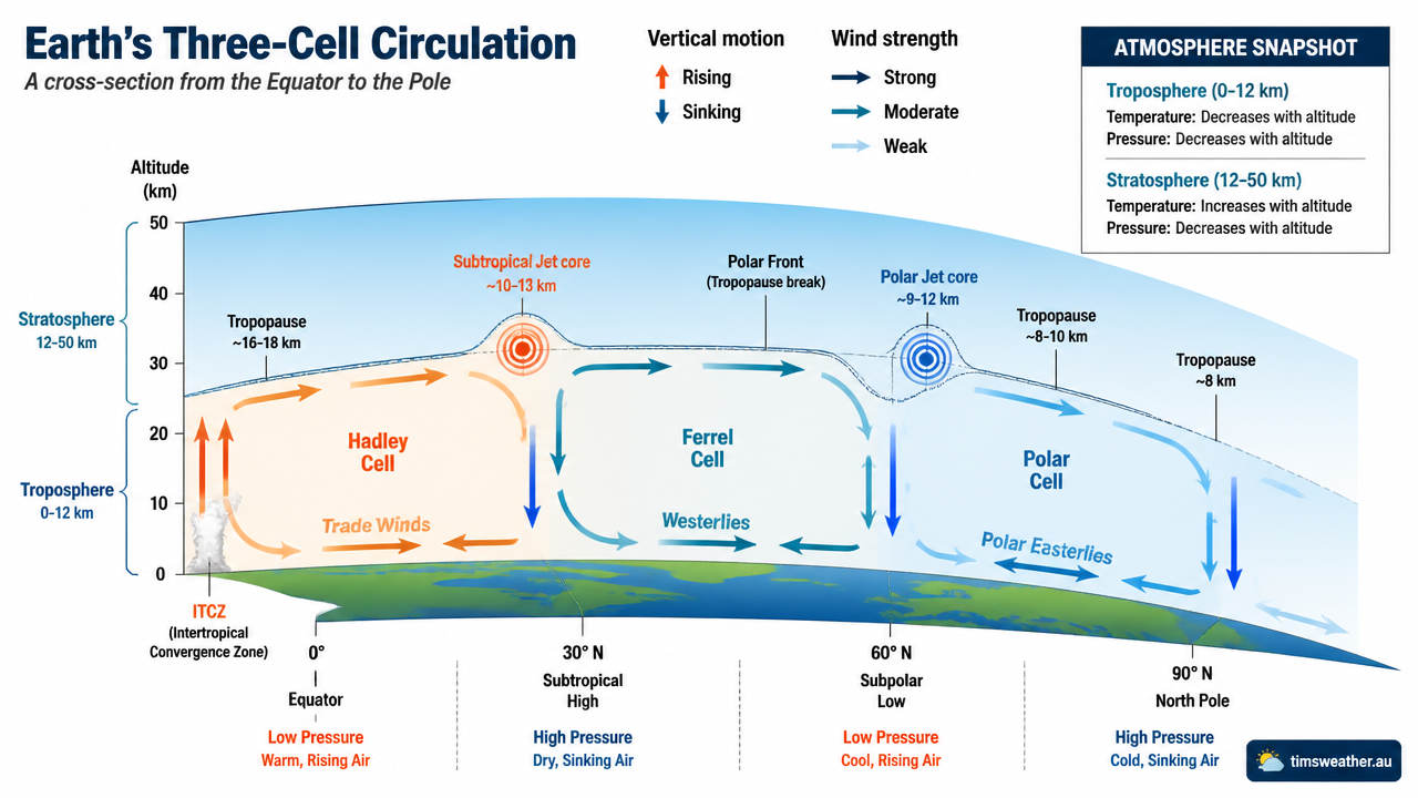 Cross-section of the atmosphere showing the troposphere dynamics and thermal wind balance driving high-altitude winds