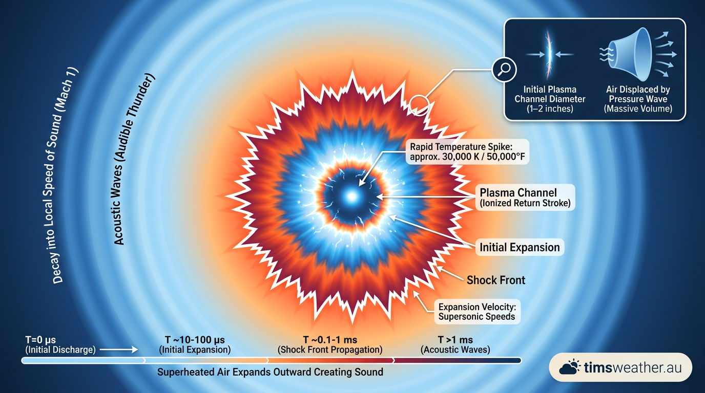 Diagram explaining how does thunder form by showing superheated air expanding into a shock wave.
