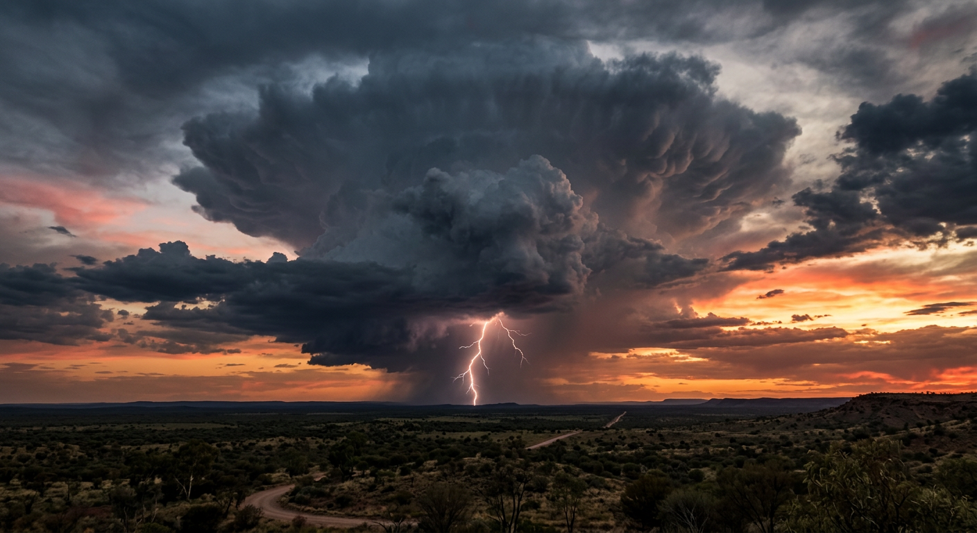 A severe thunderstorm cloud producing a lightning discharge.