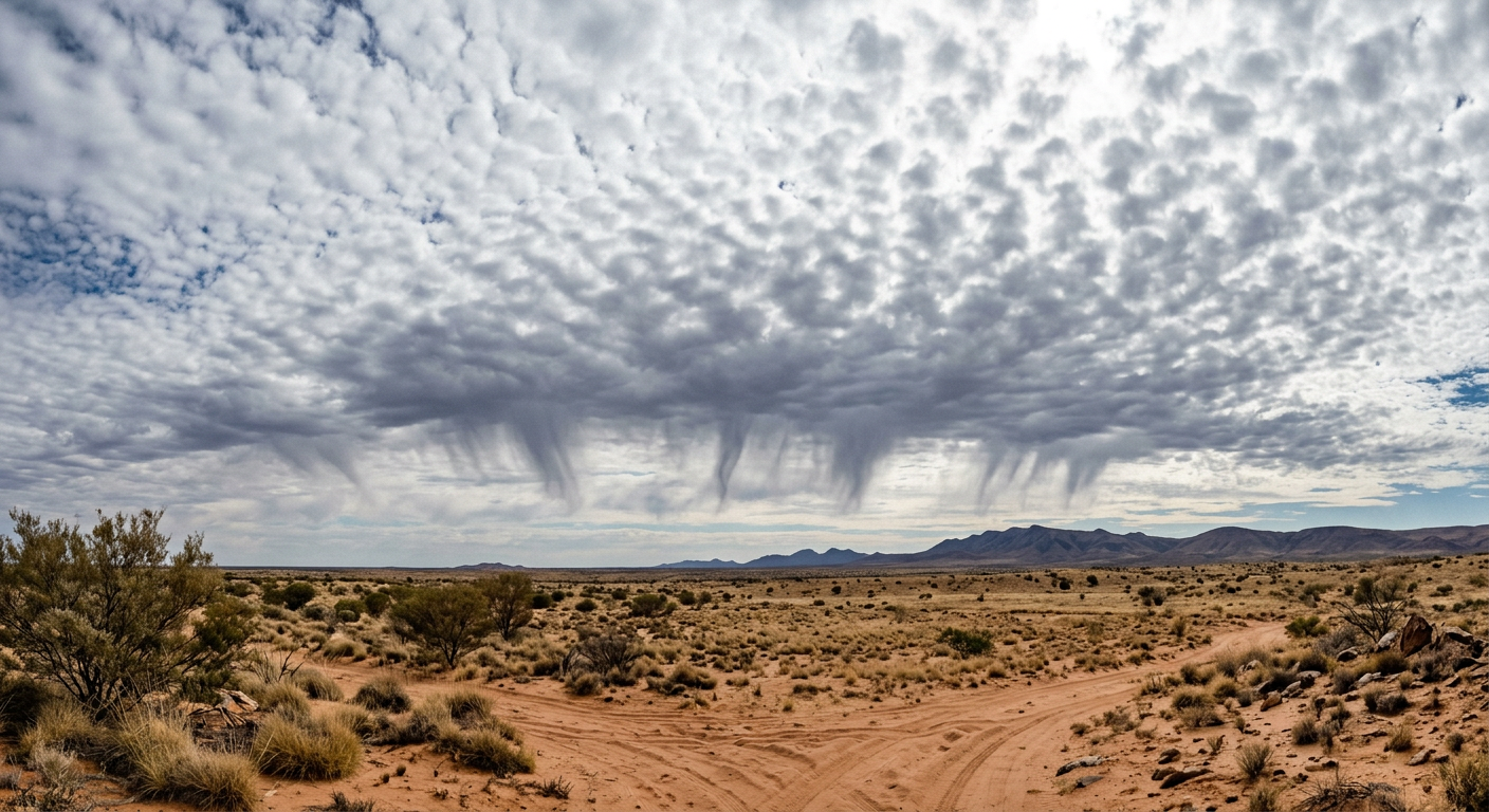 Wispy grey streaks of evaporating precipitation hanging beneath a cloud over a desert sector.