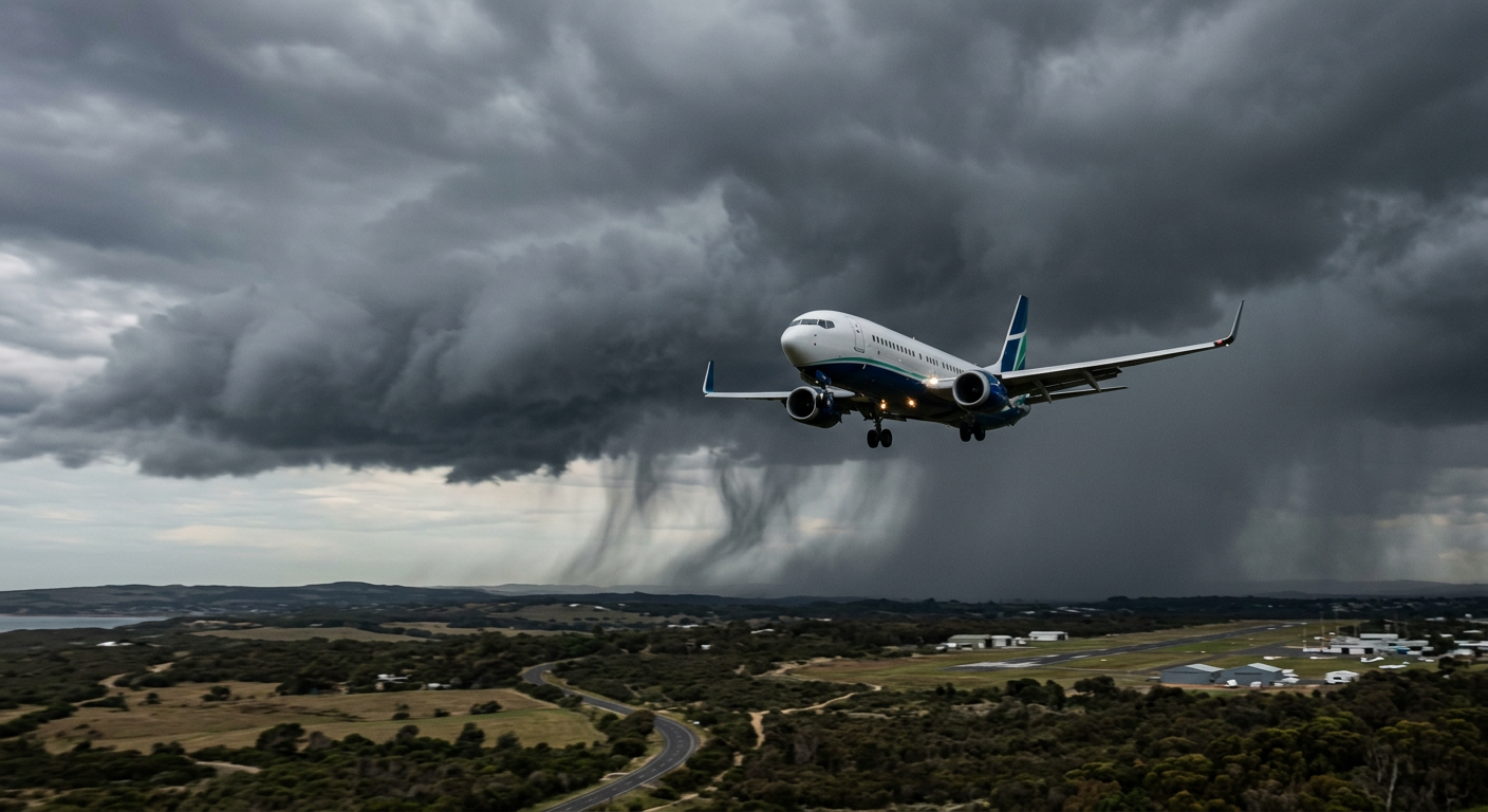 An airplane flying beneath a cloud base marked with faint streaks of evaporating precipitation.