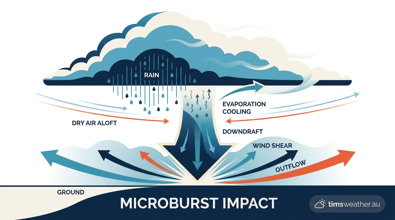 Diagram explaining how evaporative cooling creates a dense cold downdraft and surface microburst.