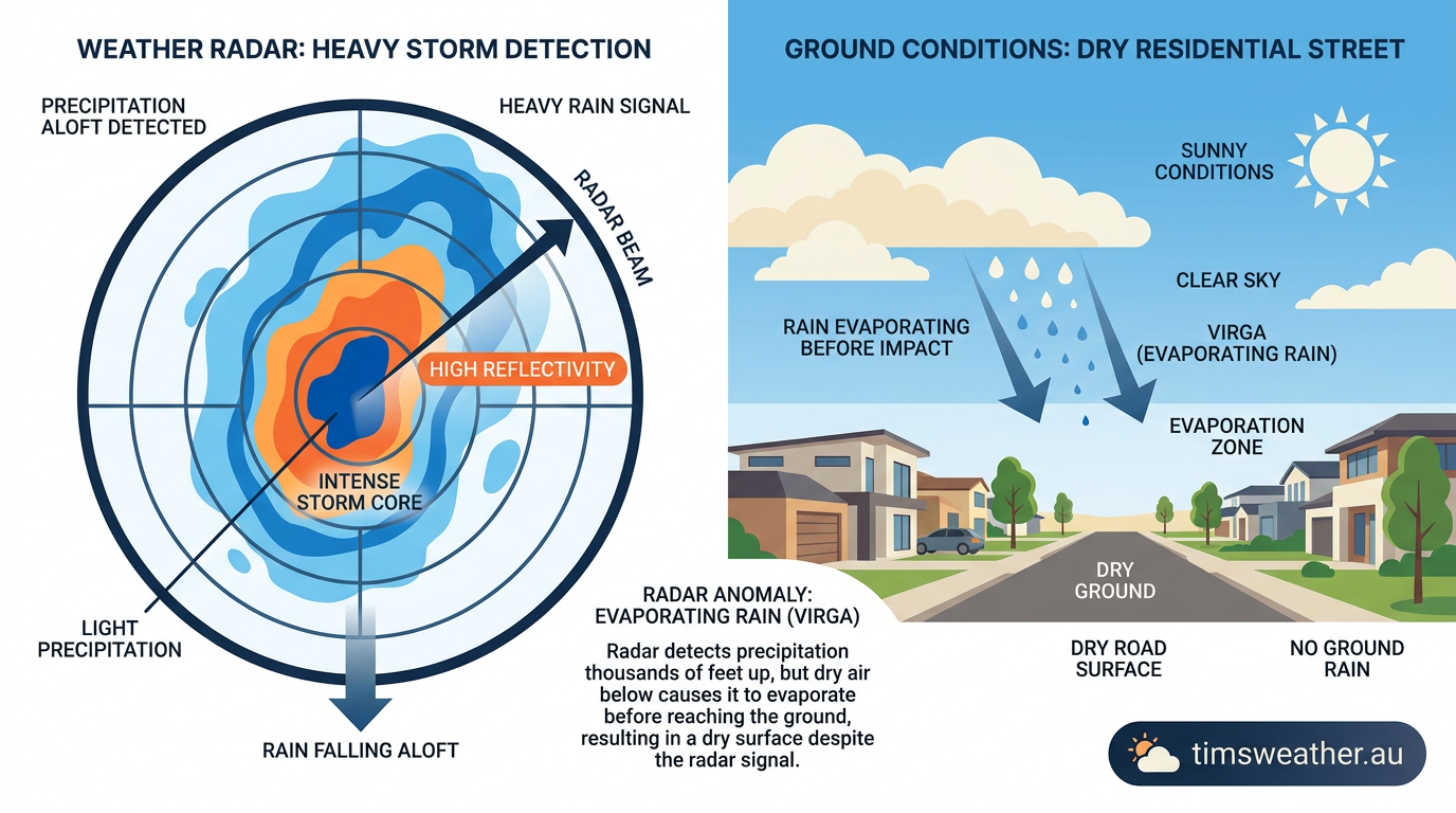 Split screen comparing heavy radar returns with a dry ground-level observation.
