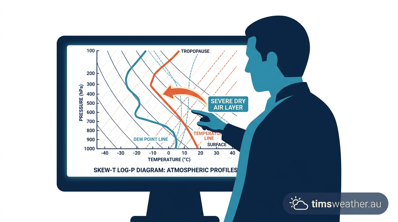 A meteorologist analyzing a Skew-T diagram showing a dry lower atmosphere.