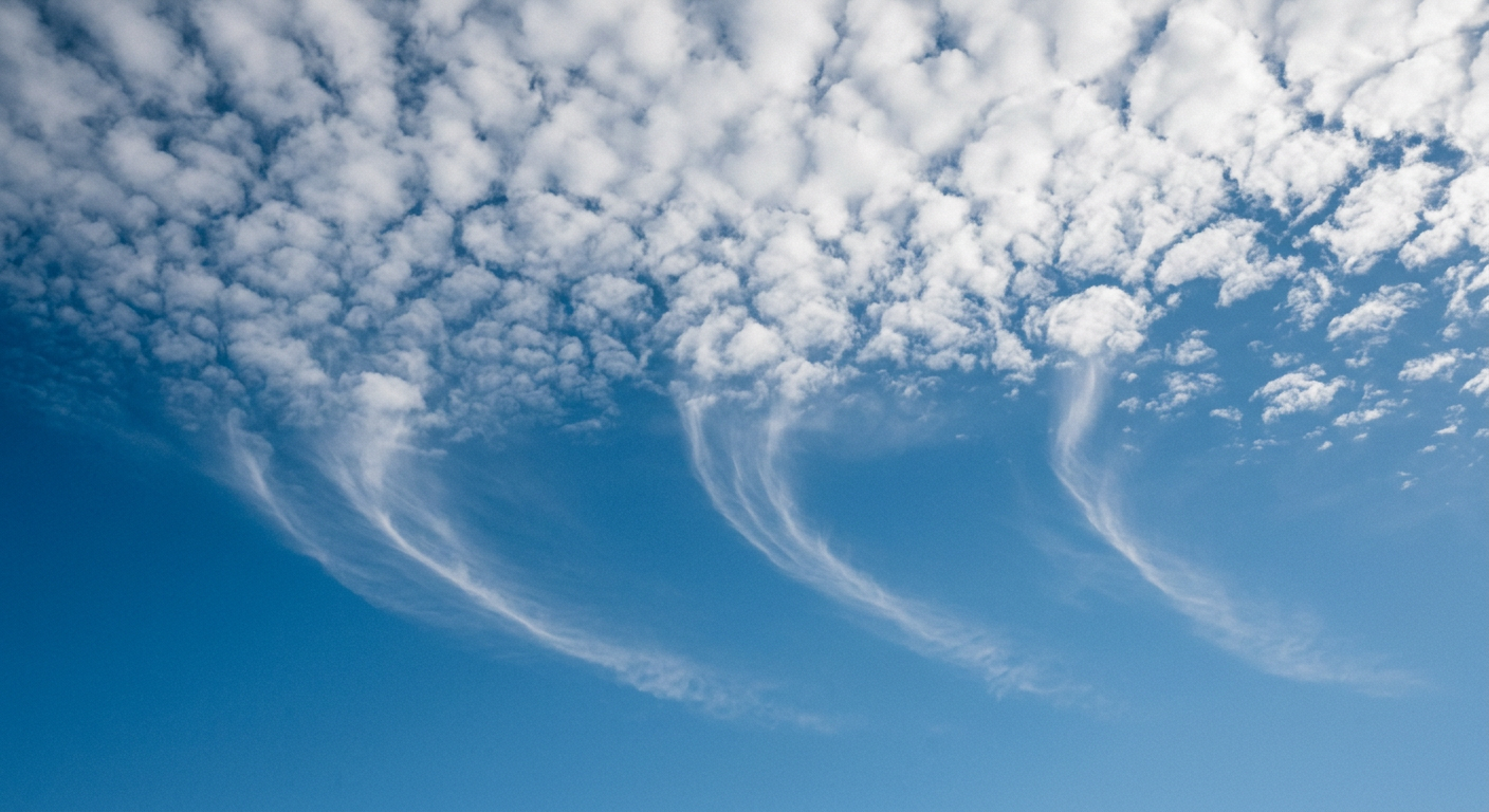 Ice crystal fallstreaks descending from high altitude cirrocumulus clouds before disappearing.