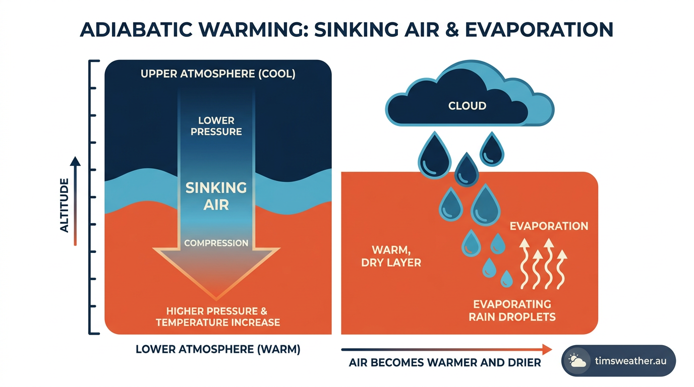 Diagram showing how sinking, warming air causes falling rain droplets to shrink and evaporate.
