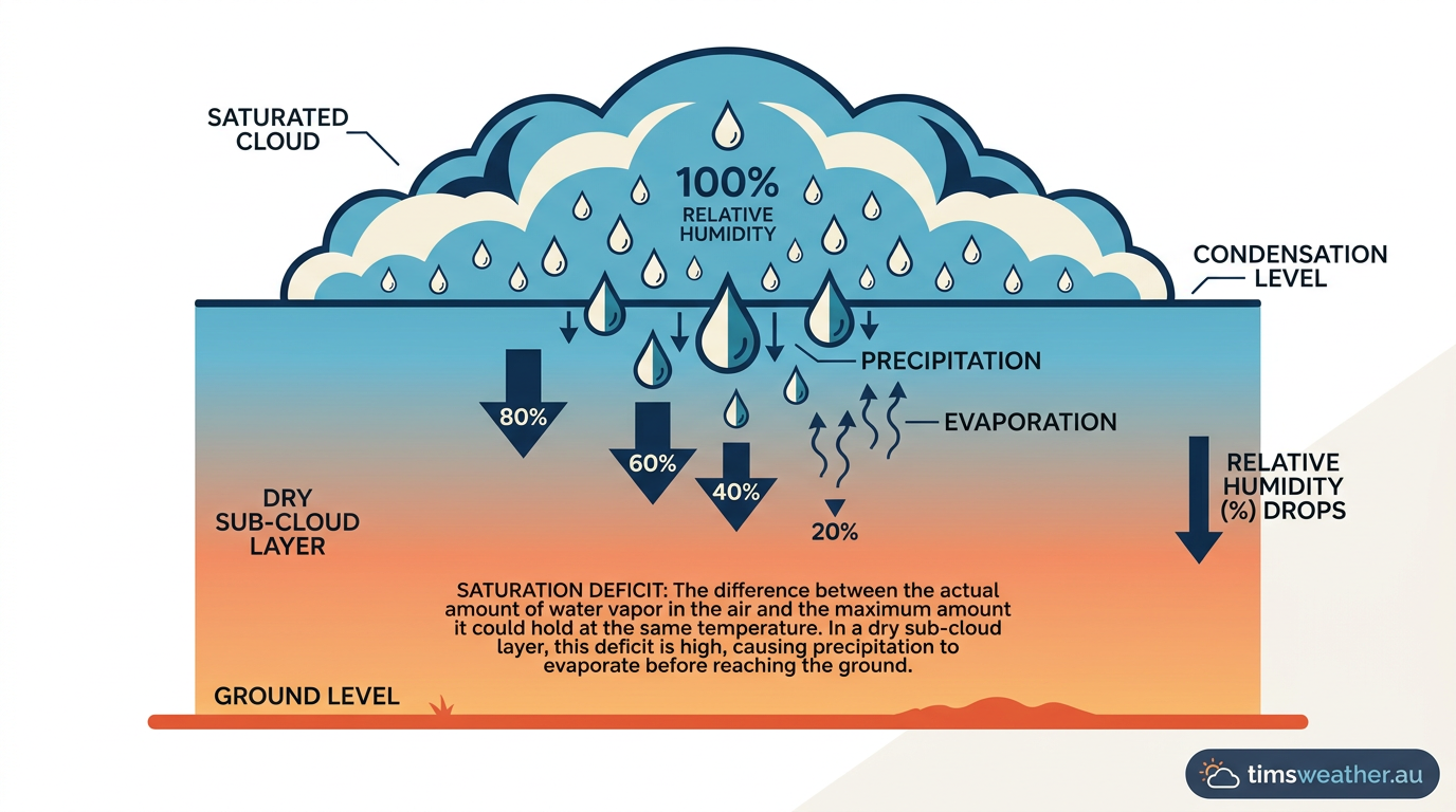 Infographic showing relative humidity dropping sharply beneath a cloud base, causing precipitation to evaporate.