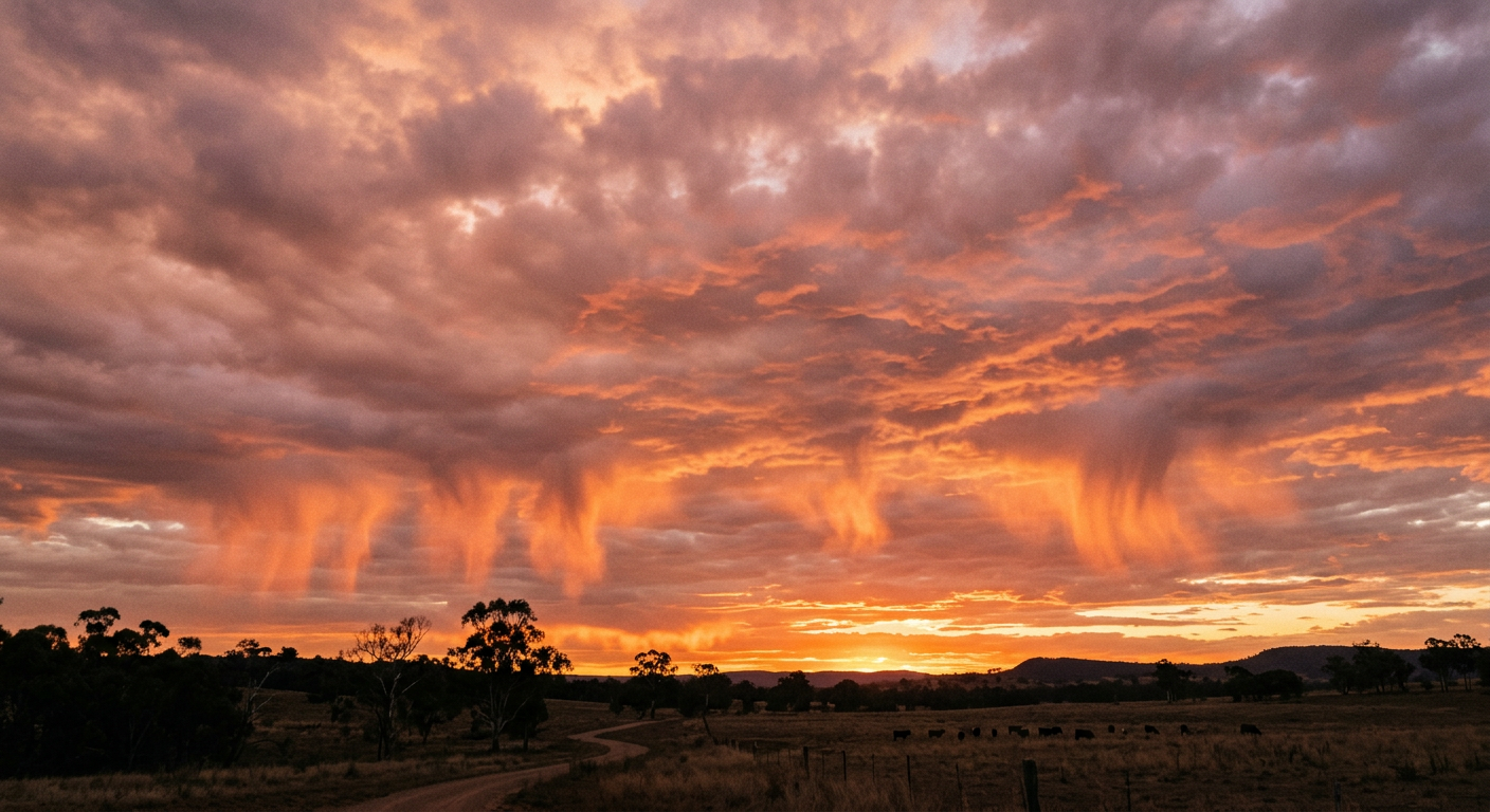 Sunset illuminated streaks of evaporating rain hanging from an altostratus cloud deck.