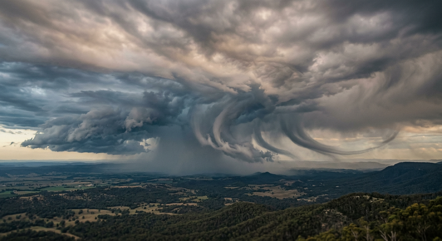 Curved streaks of evaporating rain that resemble jellyfish tentacles due to wind shear.