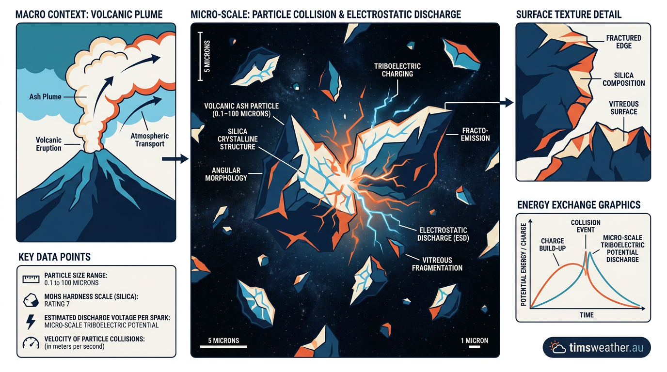 Scientific visualization showing jagged volcanic ash particles colliding and generating electrical charge through friction.