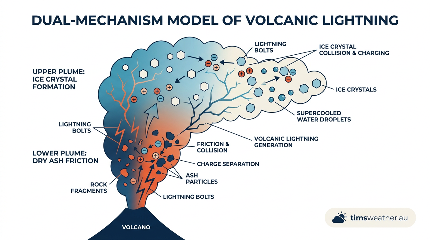 Diagram illustrating the lower dry friction charging zone and the upper ice-dependent charging zone in a volcanic plume.