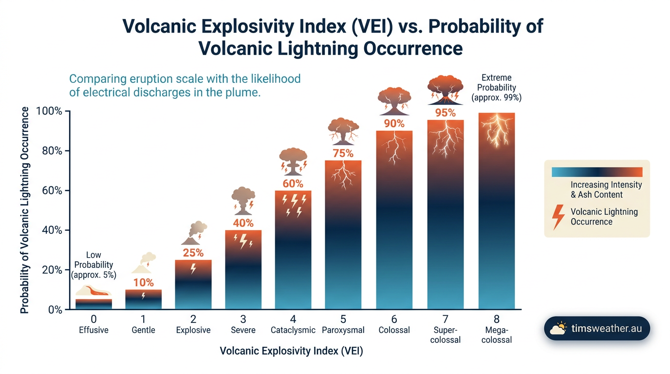 Chart showing the correlation between the Volcanic Explosivity Index and the likelihood of observing volcanic lightning.