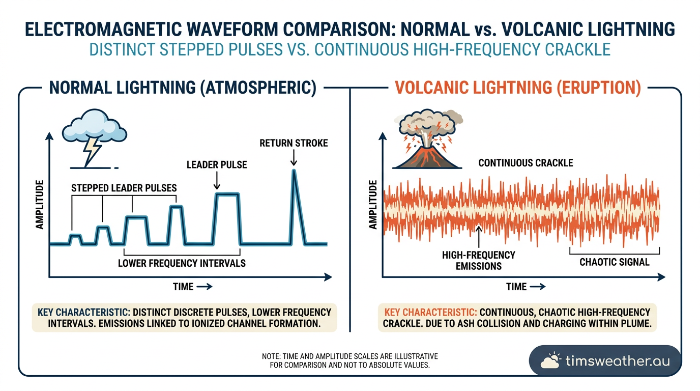 Graphic comparing the distinct radio frequency waveforms of standard meteorological lightning and volcanic electrical discharges.