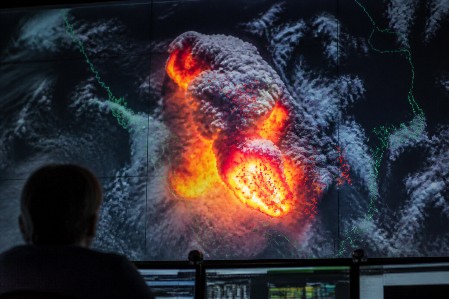A computer monitor displaying thermal satellite imagery of a volcanic plume marked with lightning detection points.