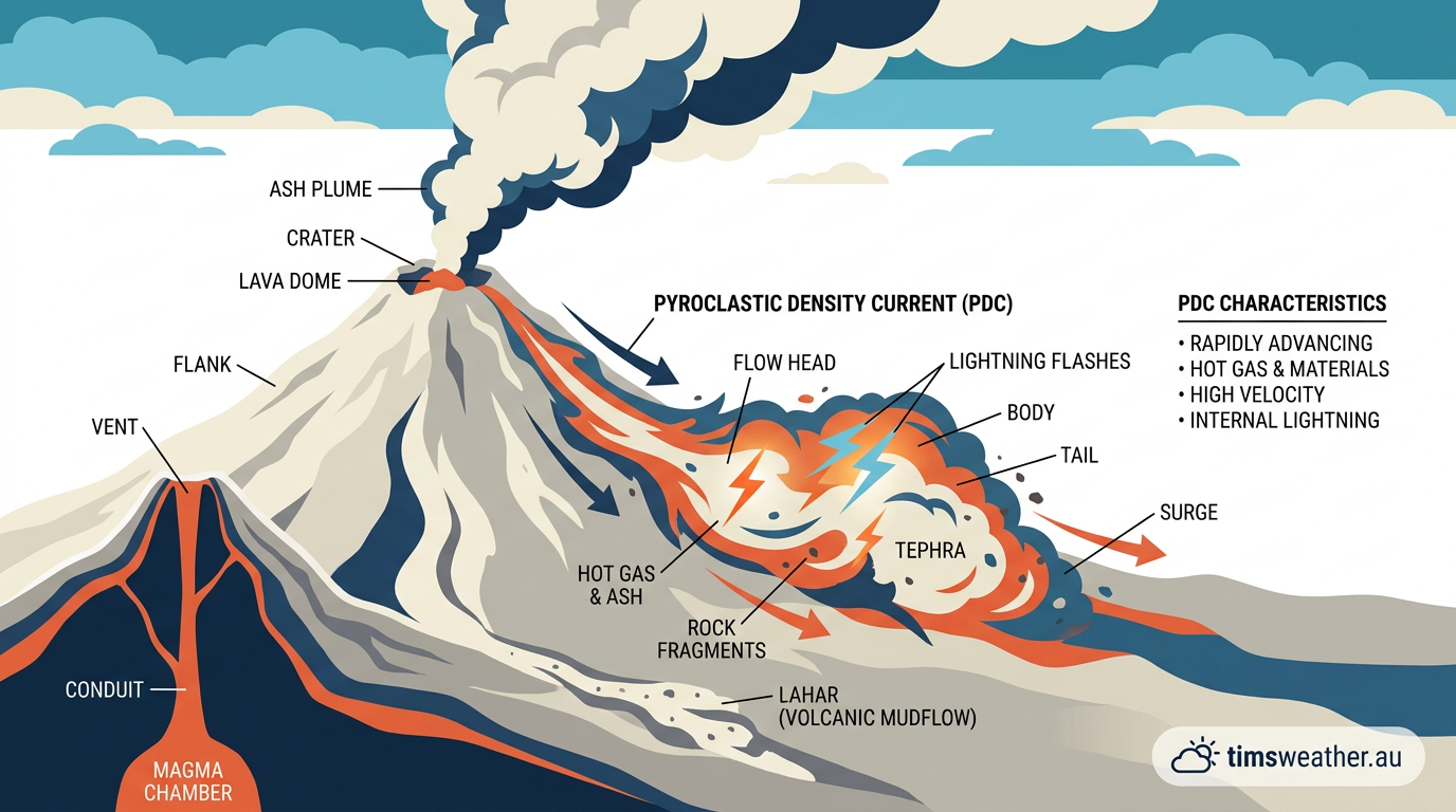 A superheated avalanche of ash and gas moving down a volcano's flank, illuminated by static lightning discharges inside the cloud.