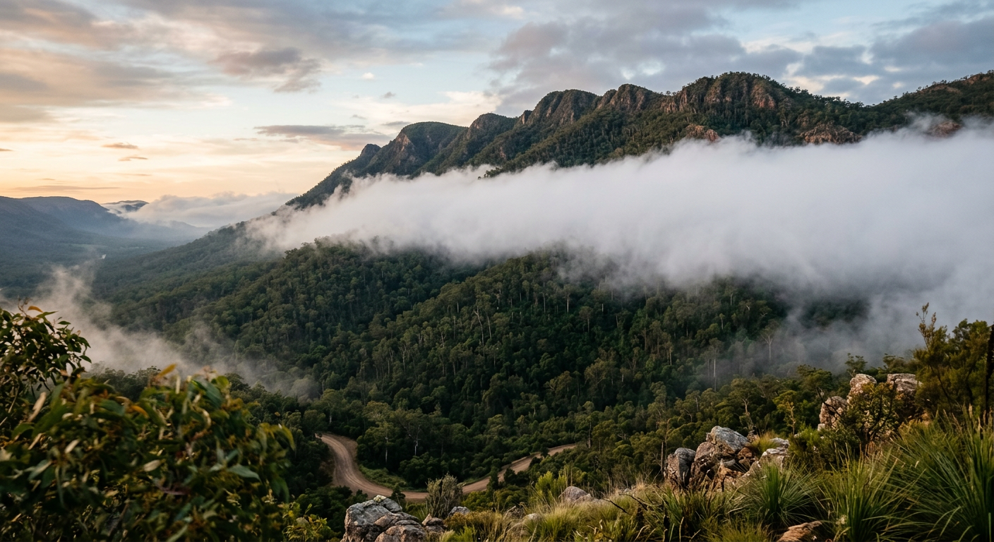 Upslope fog formation gathering on the windward side of a steep mountain range.
