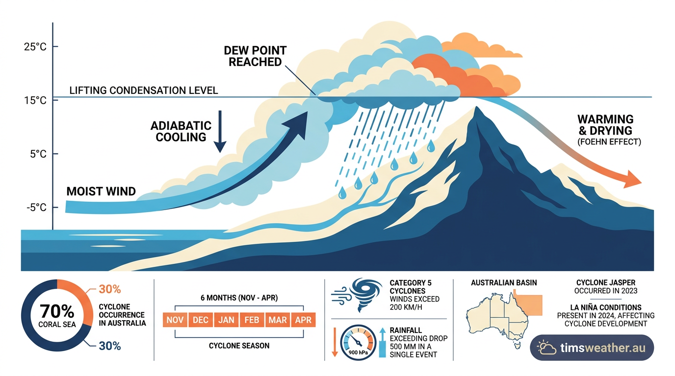 Diagram illustrating adiabatic cooling and orographic lifting during upslope fog formation.