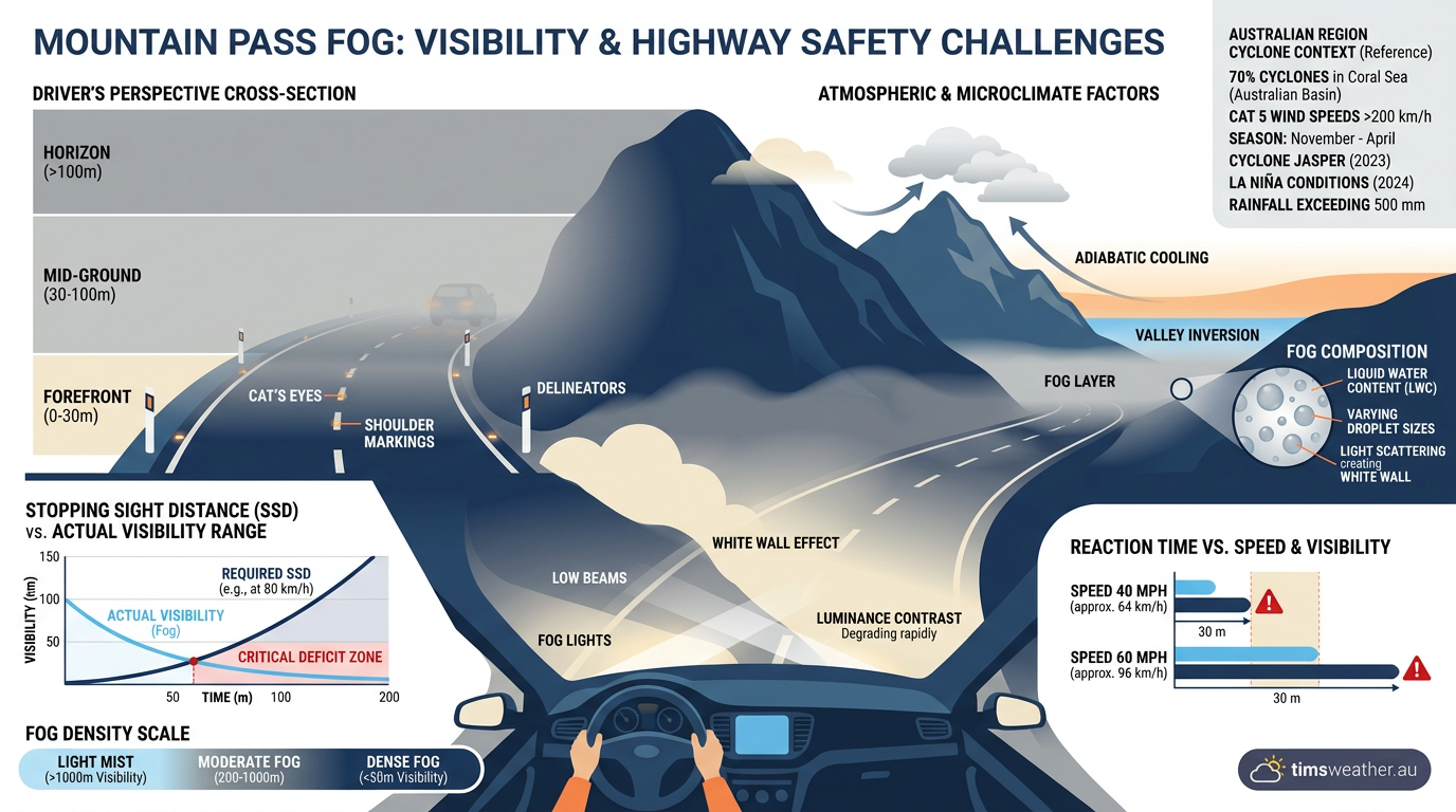 Thick upslope fog causing severe low visibility on a mountain highway.