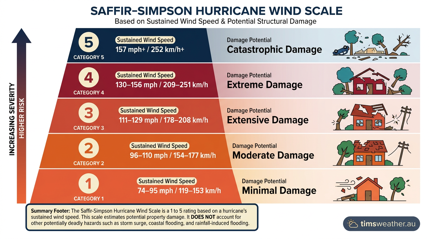 Chart illustrating the Saffir-Simpson Hurricane Wind Scale with wind speeds and damage descriptions for each category.