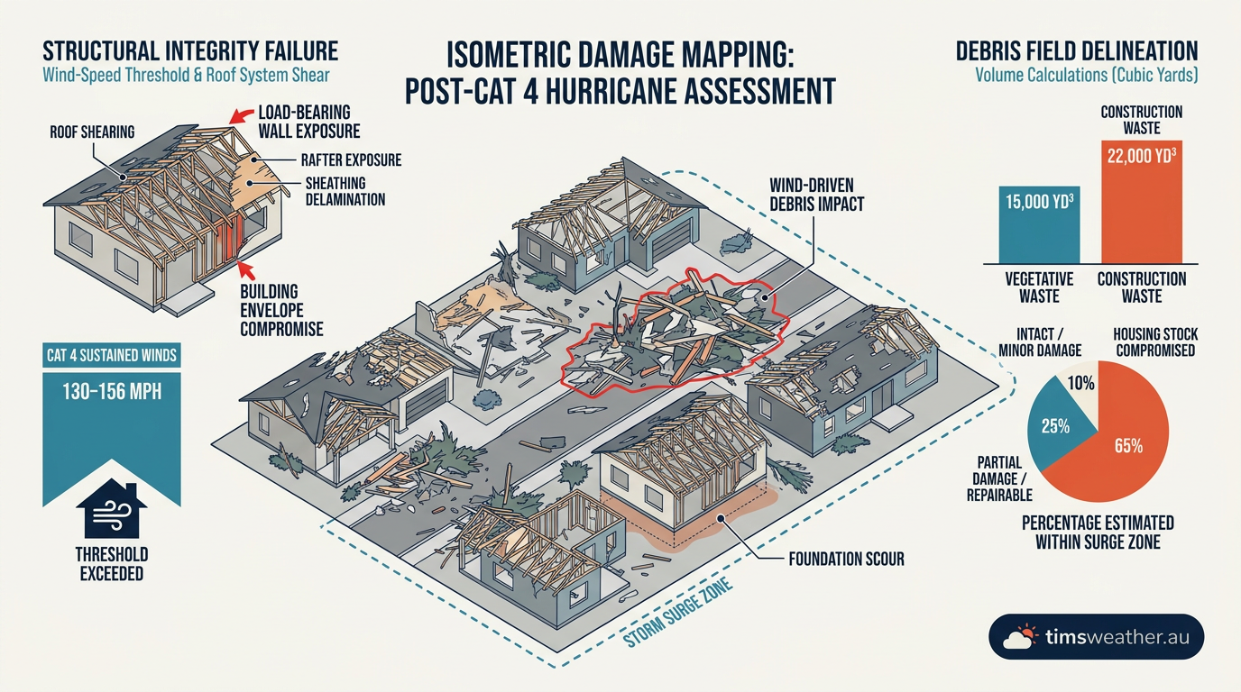 Aerial view of severe structural damage caused by Category 4 hurricane winds to residential homes.