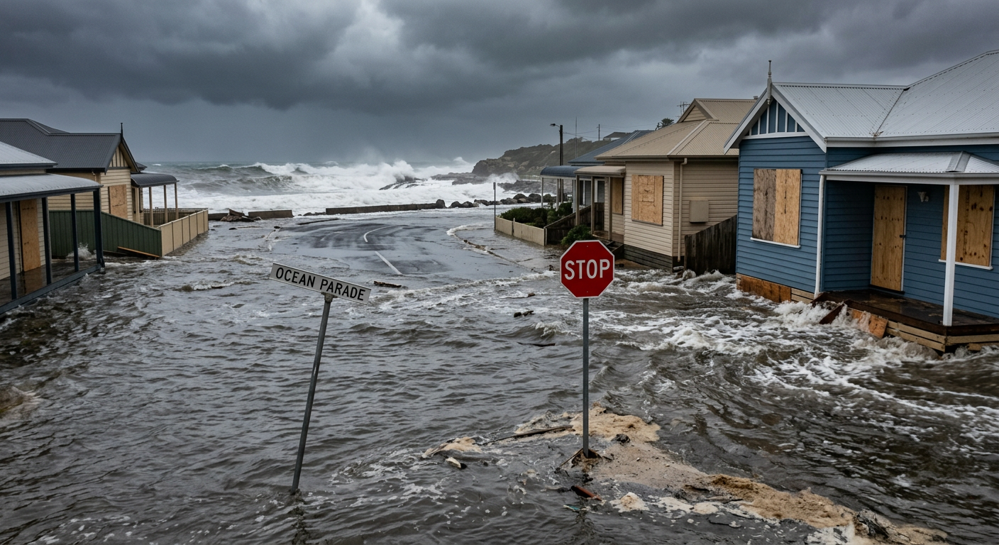 Coastal street flooded by severe storm surge water reaching halfway up traffic signs.