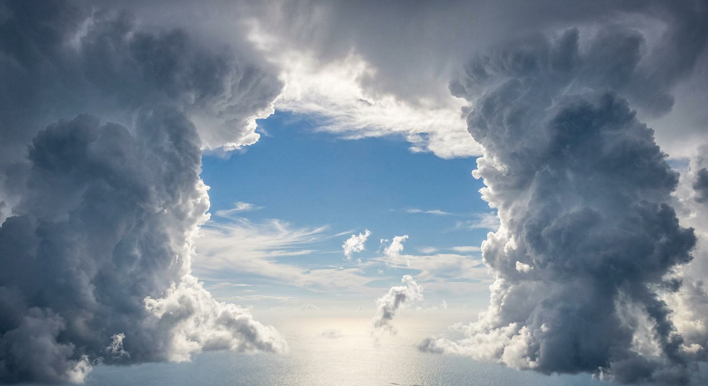 High-altitude view looking down into the well-defined eye and towering eyewall clouds of a major hurricane.