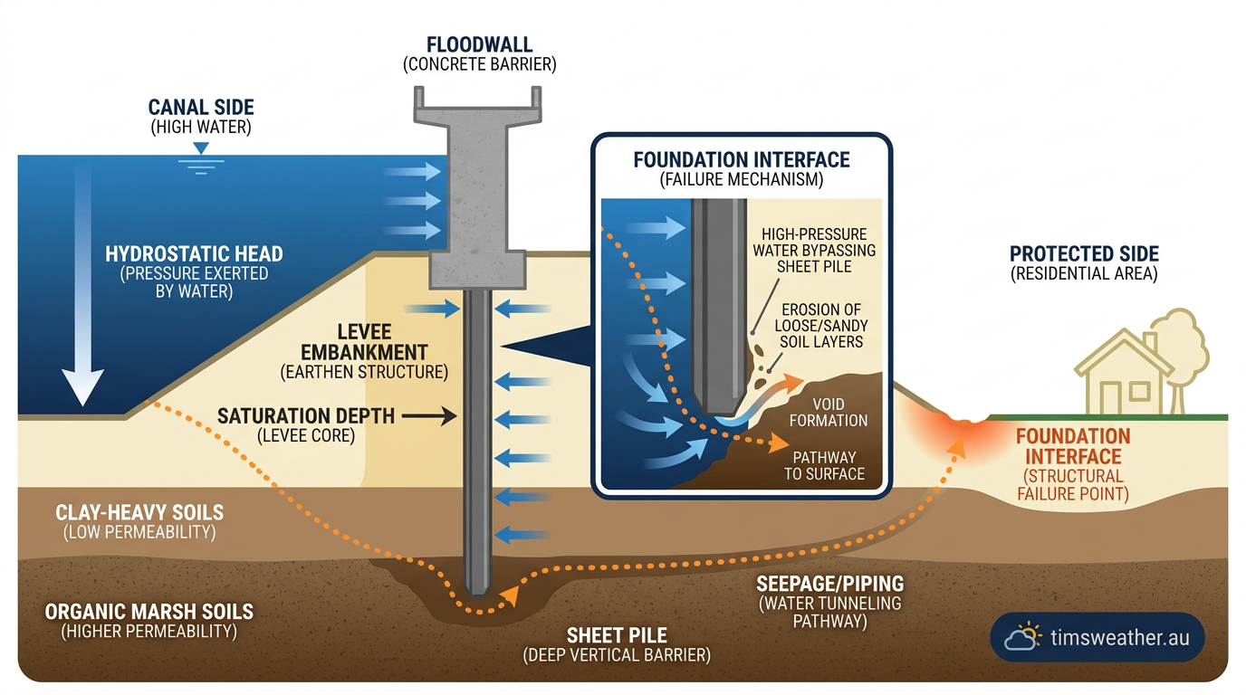 Diagram illustrating levee soil failure and water seepage below a floodwall