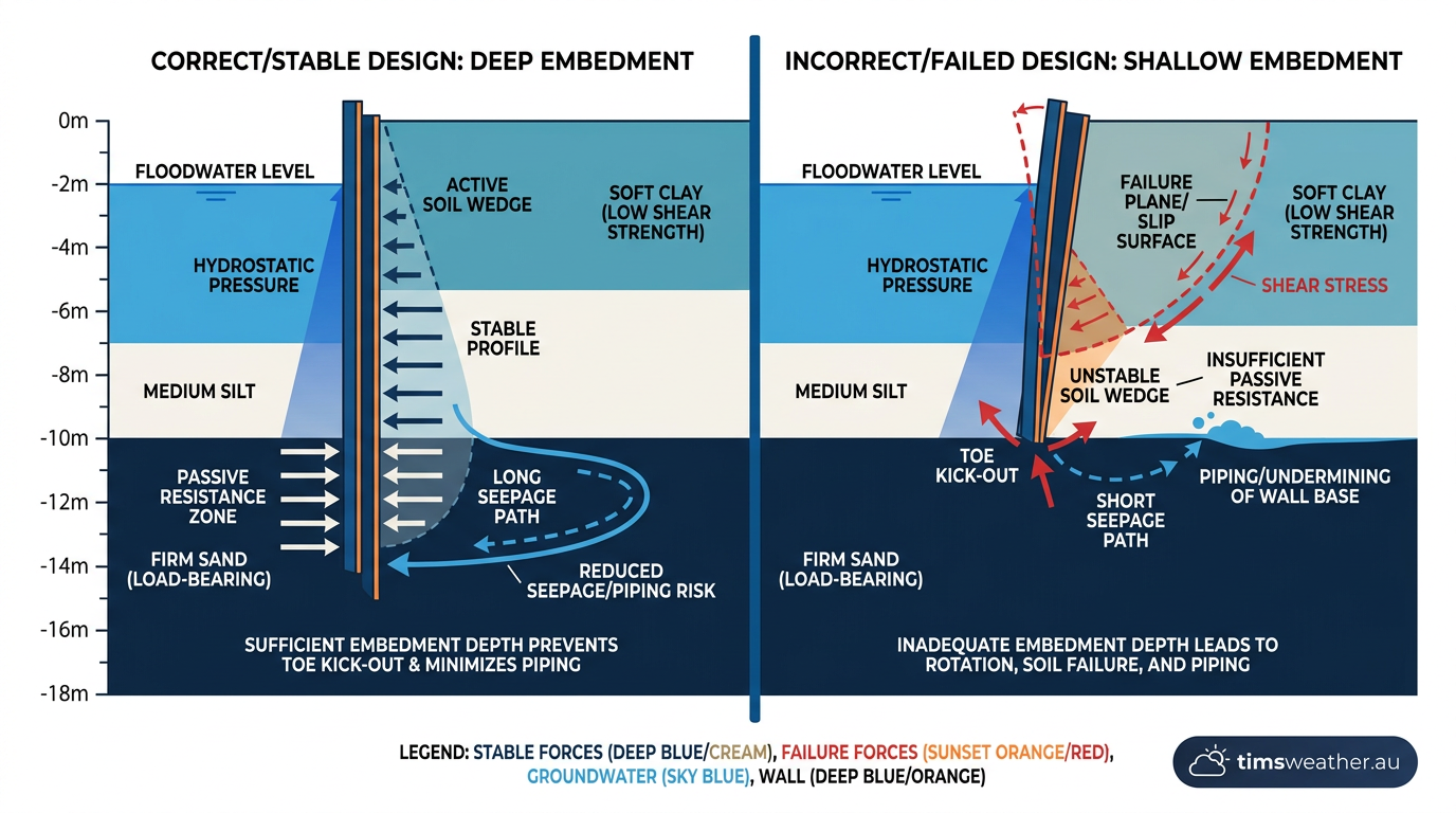 Comparison diagram showing correct versus incorrect floodwall sheet pile depths