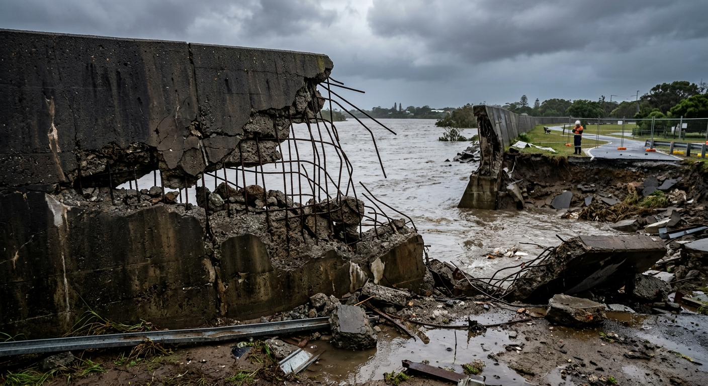 A broken concrete floodwall with exposed steel reinforcement