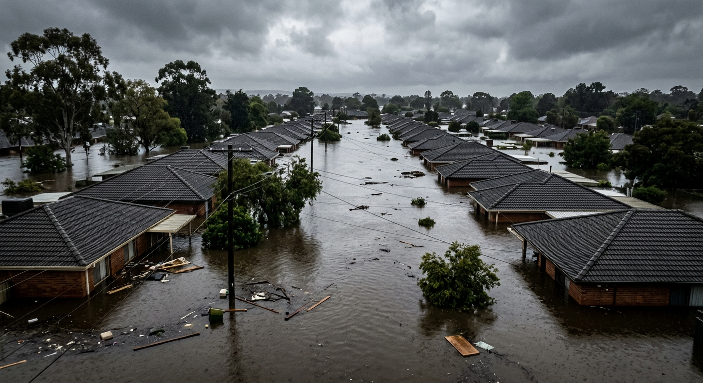 Houses deeply submerged in floodwater up to their roofs