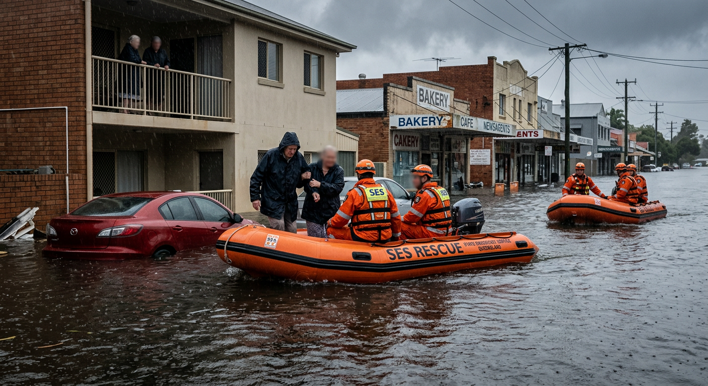 Rescue workers in a boat working through a flooded residential neighbourhood