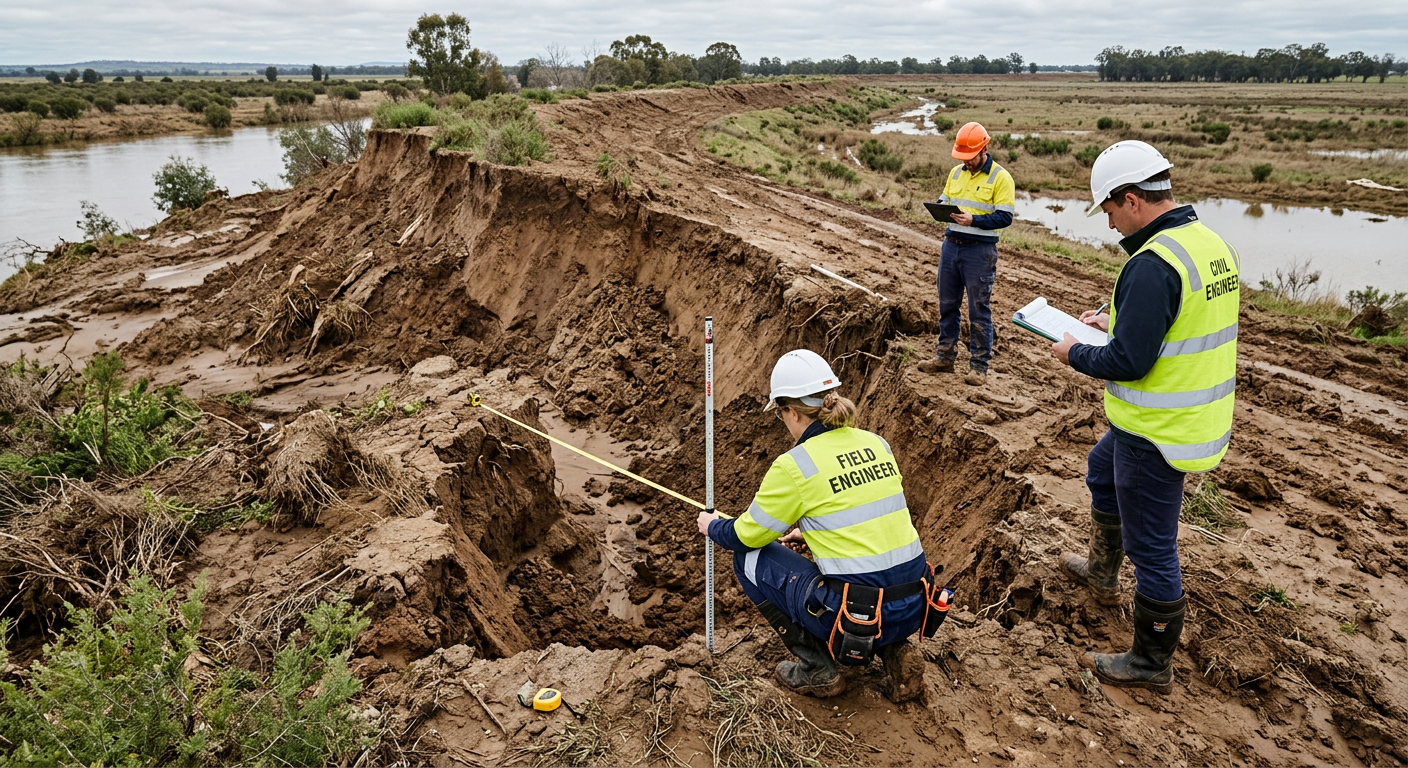 Engineers inspecting soil erosion and damage on a large levee