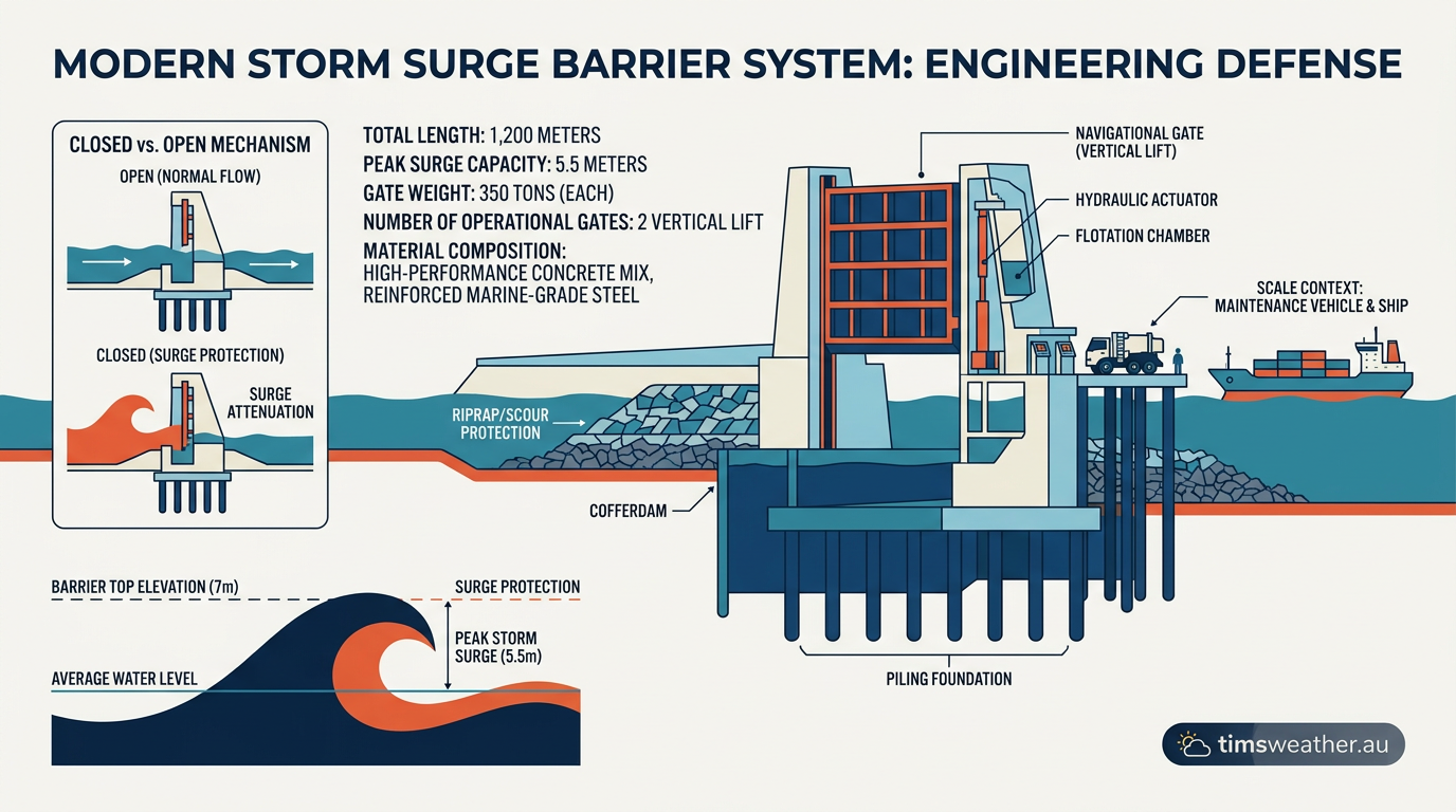 A large modern concrete storm surge barrier built across a canal