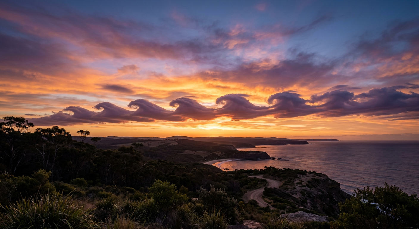 A wide view of Kelvin-Helmholtz clouds Australia showing distinct breaking wave formations at sunset.
