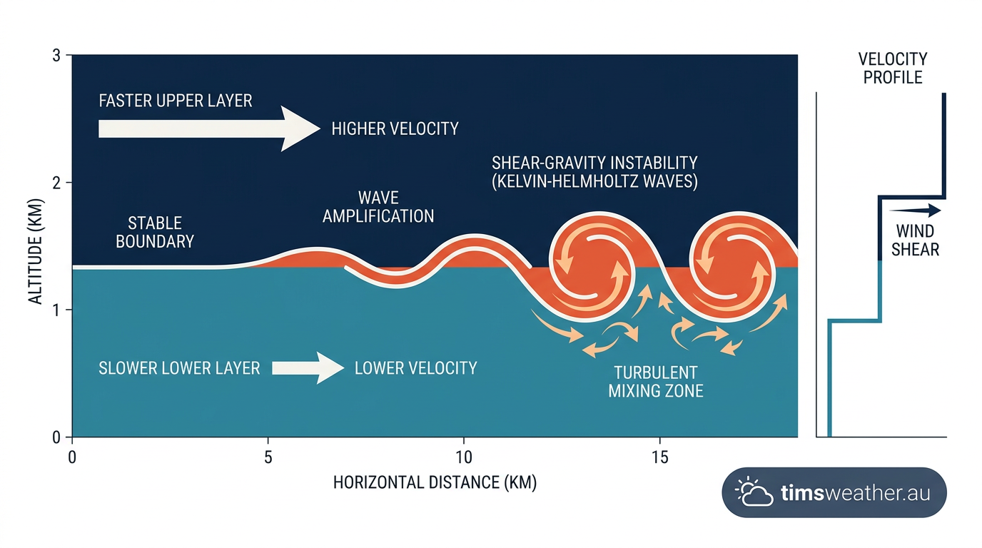 Diagram explaining the physics of wind shear and shear-gravity instability in the atmosphere.