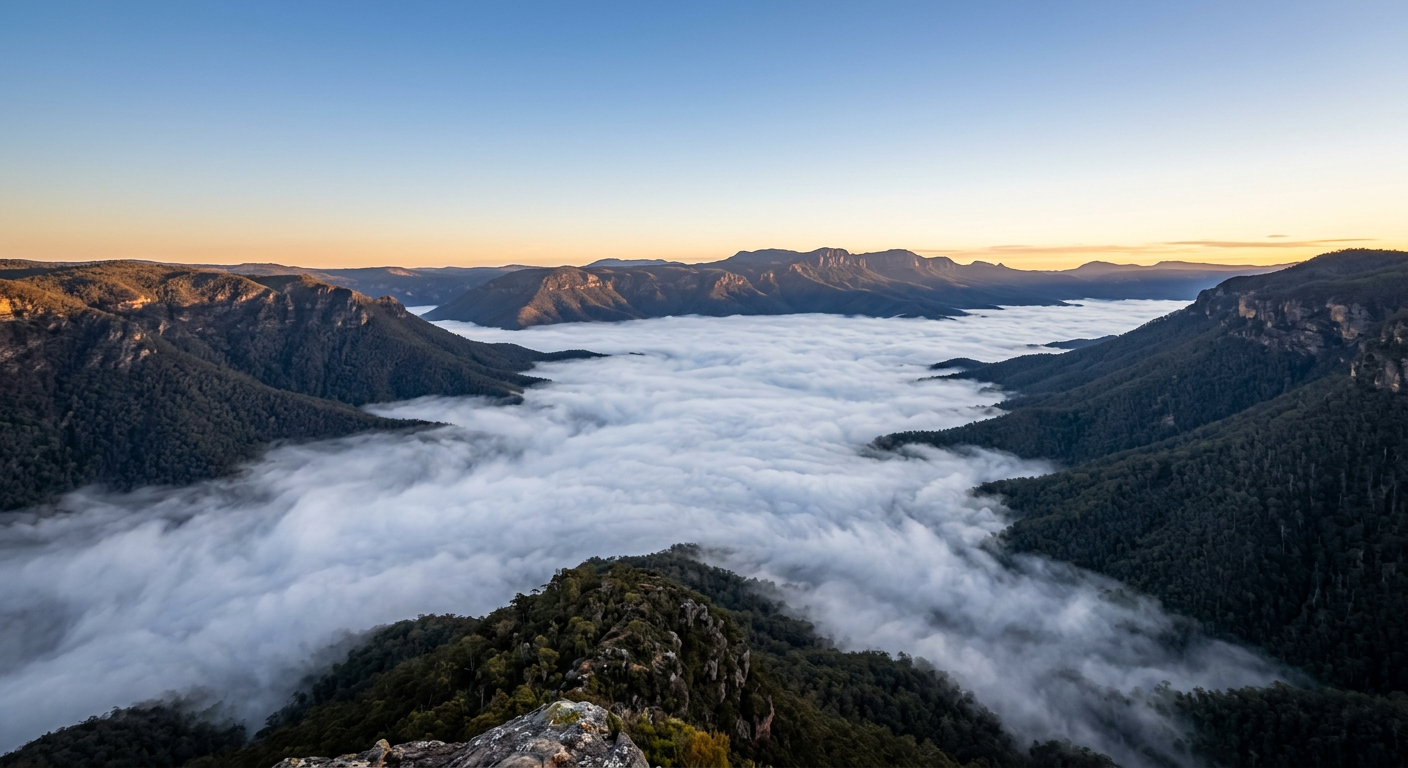 A temperature inversion layer trapping cold air in a valley, creating the boundary needed for Kelvin-Helmholtz instability.