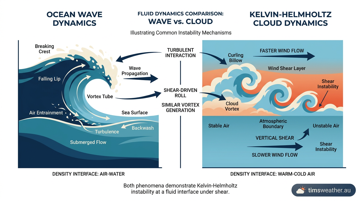 Comparison of ocean waves and wave clouds demonstrating fluid dynamics in the sky.