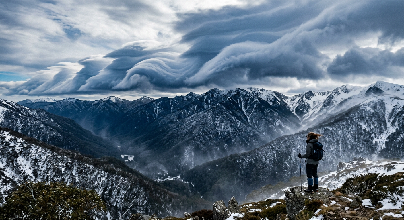 Wave clouds forming over the Great Dividing Range due to orographic lift and strong winds.
