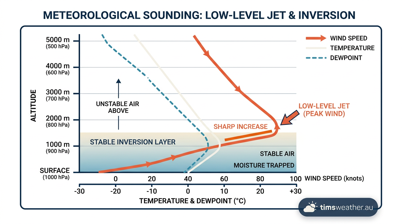 Weather chart displaying vertical wind shear and a temperature inversion used to predict billow clouds.