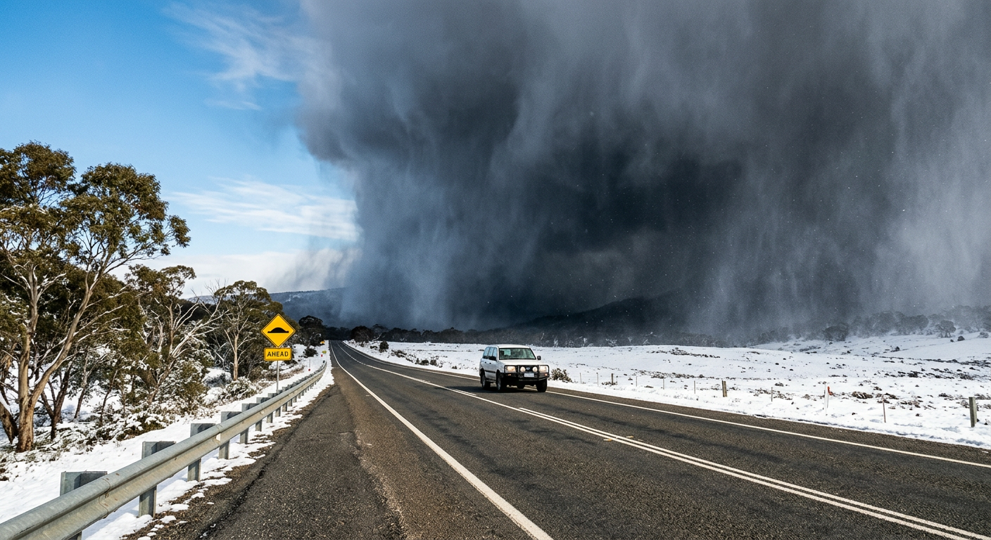 A severe lake-effect snow band approaching a clear highway.