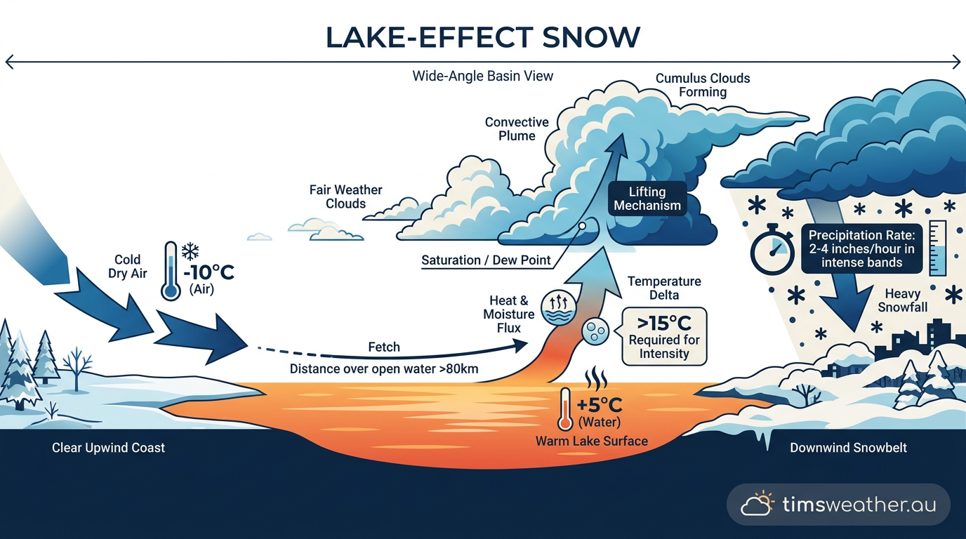 Infographic detailing the atmospheric physics of lake-effect snow formation.