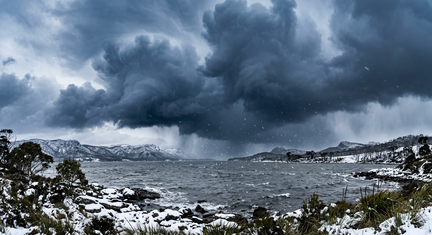 Deep convective clouds forming over an open lake during a cold weather event.