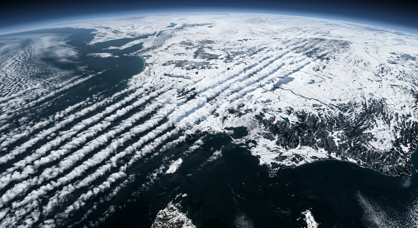 Satellite imagery showing parallel cloud streets developing over a large lake.